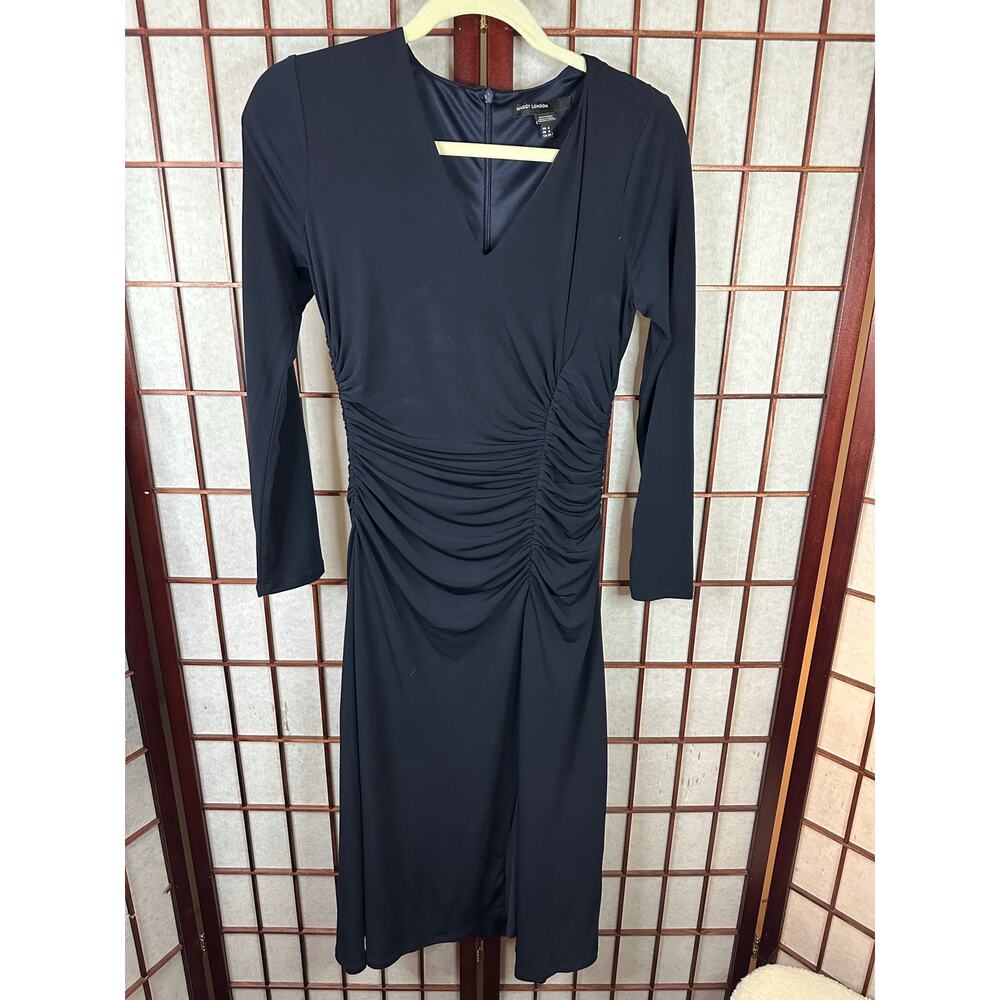 Maggy London long-sleeve, V-neck, side-ruched matte jersey dress in black